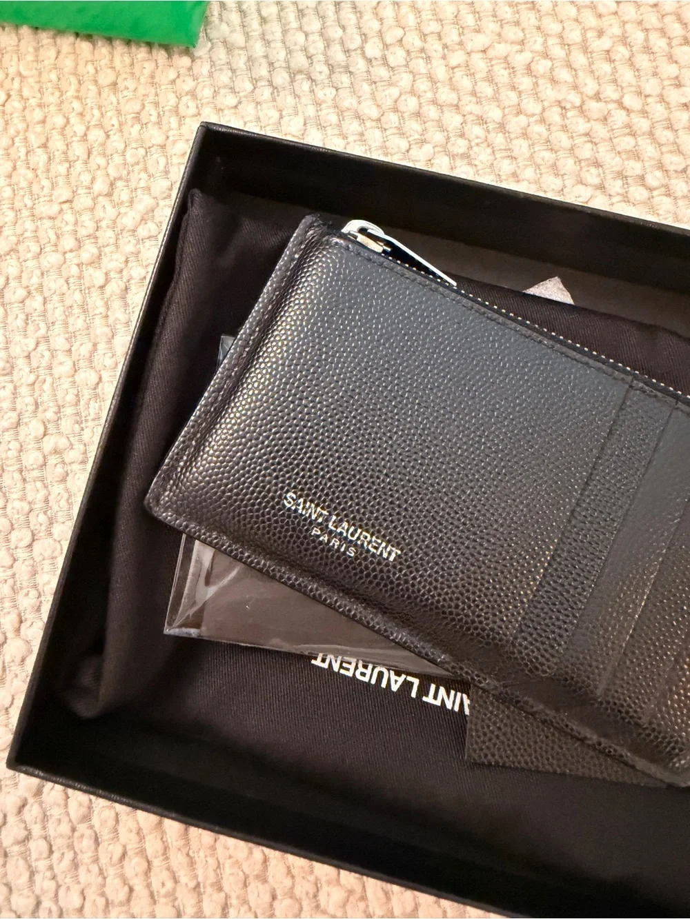 Saint Laurent Black Pebbled Leather Zip Card Case with Gold Logo